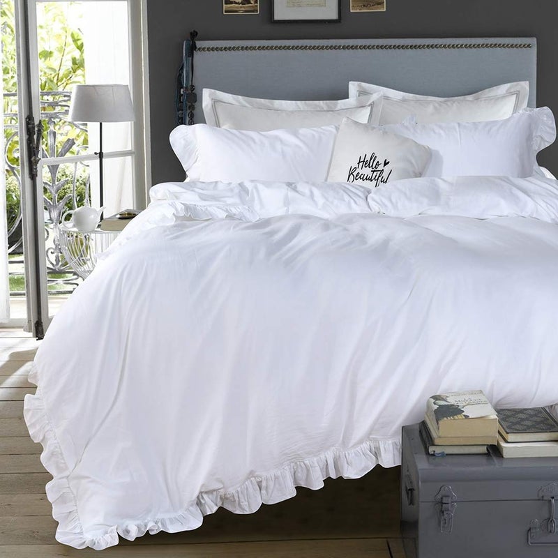 QSH White Ruffle California King Duvet Cover, Washed Cotton Farmhouse Shabby Boho Chic Bedding Comforter Quilt Cover Oversized Vintage Rustic French Country Aesthetic Bedding 3 Pieces - Image 1